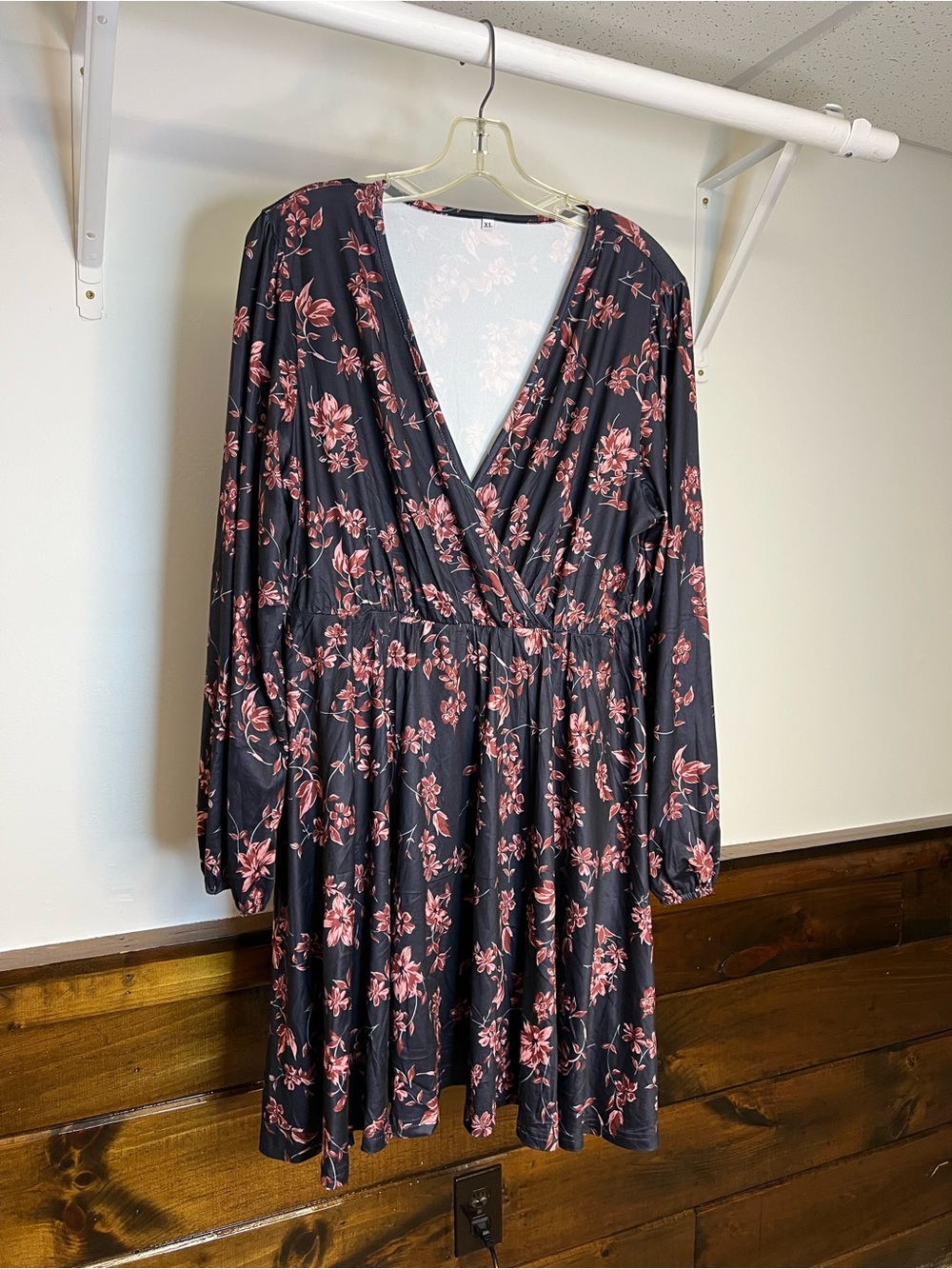Amazon Floral Fall V-Neck Long Sleeve Women's Dress - Black with Pink Floral- XL